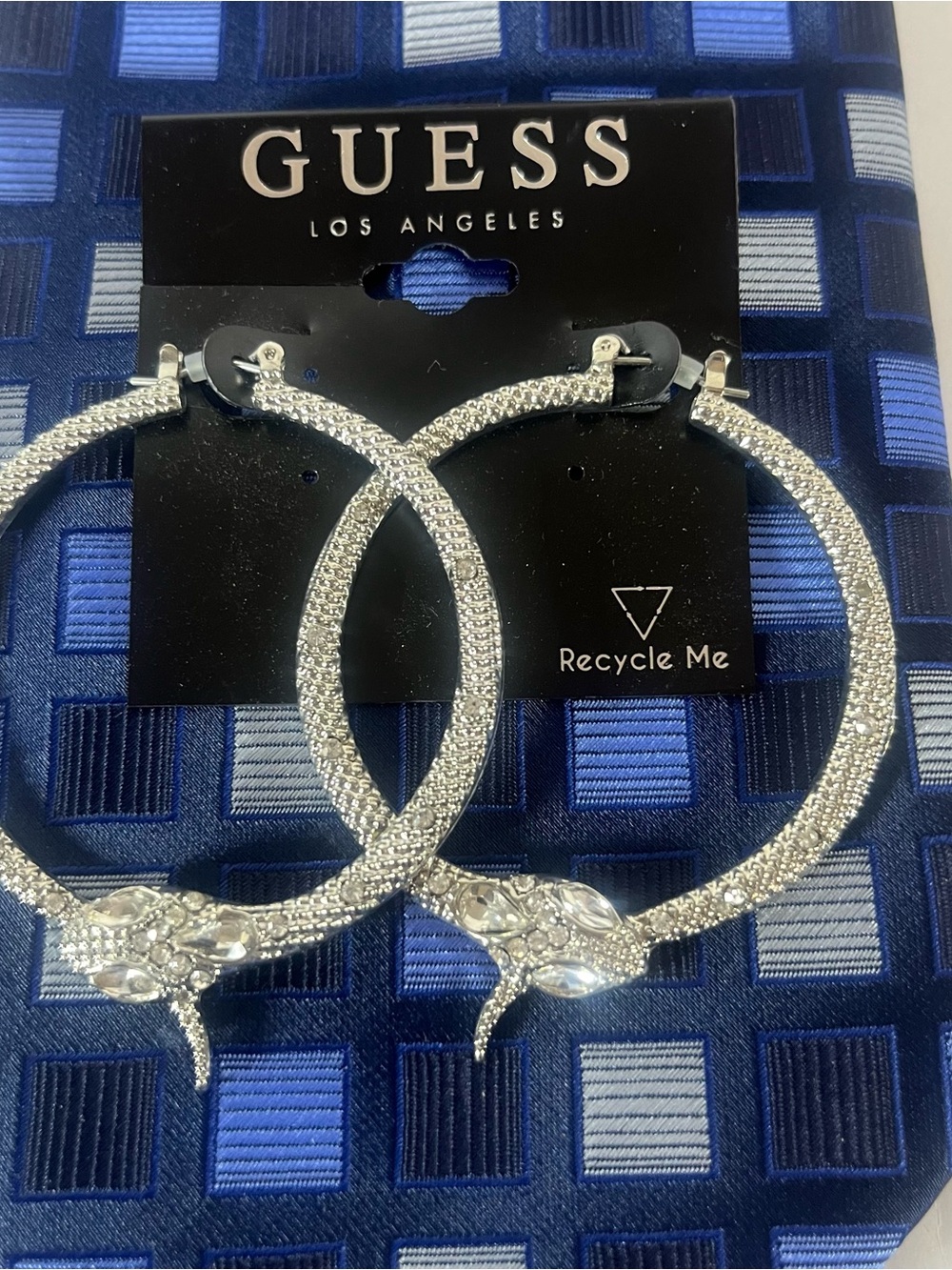 GUESS Silver Crystal Snake Hoop Earrings with Pavé Detailing